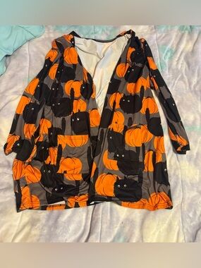SHEIN Black & Orange Pumpkin Cat Print Open Cardigan